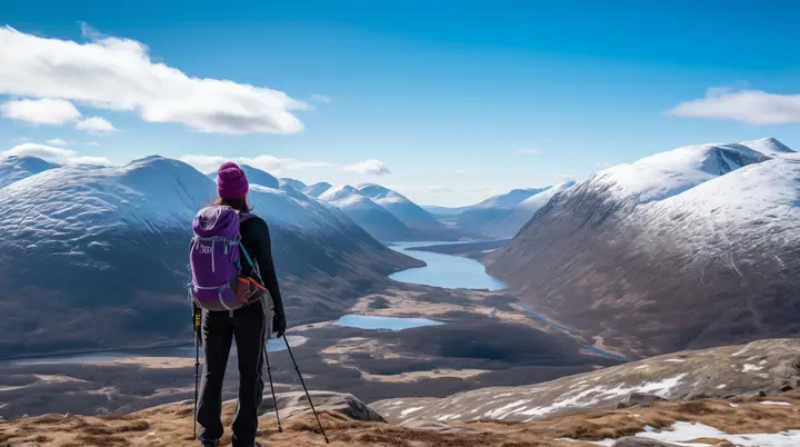  A female solo hiker in the mountains in winter time. It's frosty and there's some snow on the ground. | © Staceymacnaughtosl, CC-BY-4.0, Wikimedia Commons